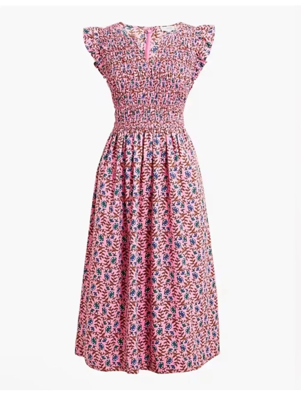 J. Crew Smocked Pink Floral Flutter-Sleeve Midi Dress Size Small